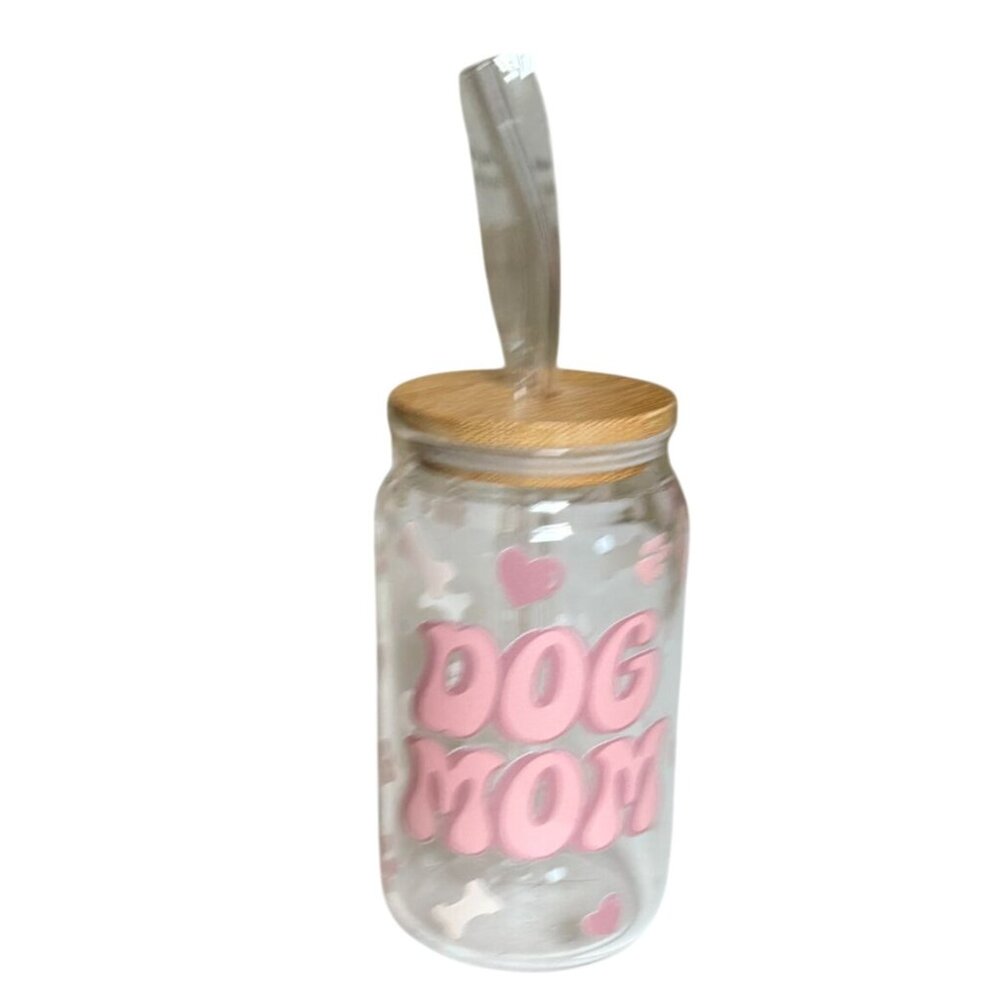 16 Oz Iced Coffee/Iced Drink Glass With Lid & Glass Straw-Dog Mom